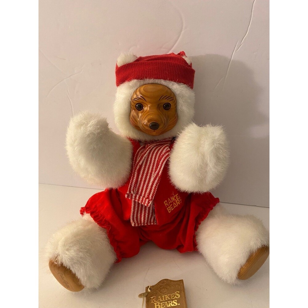 1989 RAIKES White Jointed Bear Collectable Wooden Face and Paws.